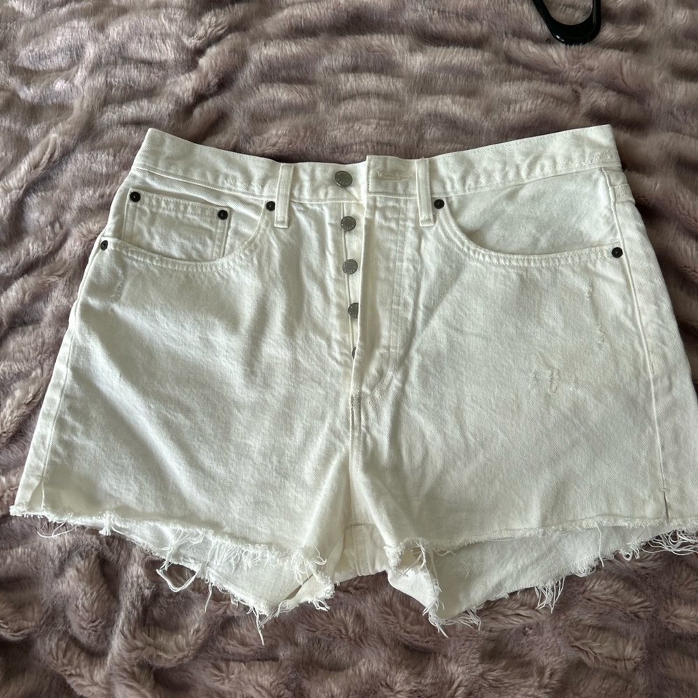 Aritzia Denim Forum White Jean Shorts High-Waisted Raw Hem